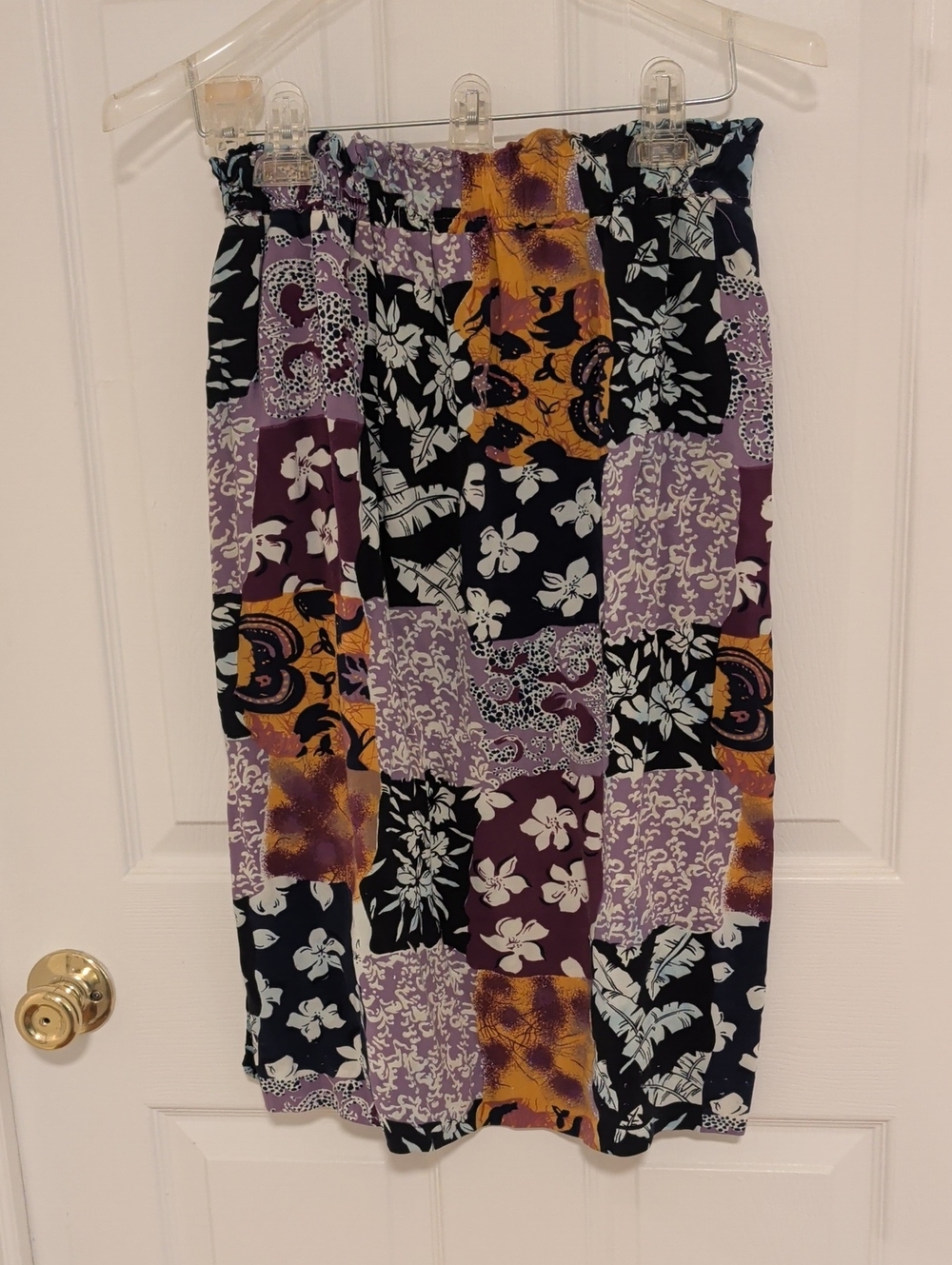 Printed Patchwork Swim Cover-Up Skirt in Purple, Black & Mustard